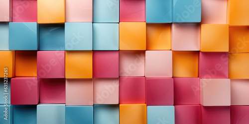 Flat colored blocks  fluorescent blue  pink  yellow  white  pop style. Geometrical abstract wallpaper. 3d render illustration style.