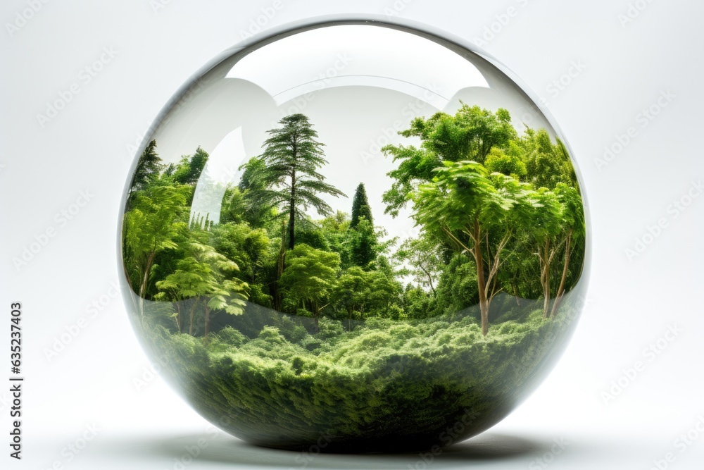 A glass sphere filled with green plants and trees, creating a miniature forest world.
