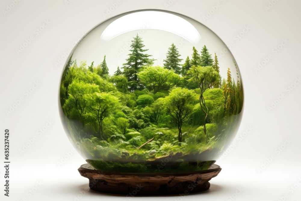 A glass sphere filled with green plants and trees, creating a miniature forest world. A glass sphere filled with green plants and trees, creating a miniature forest world.