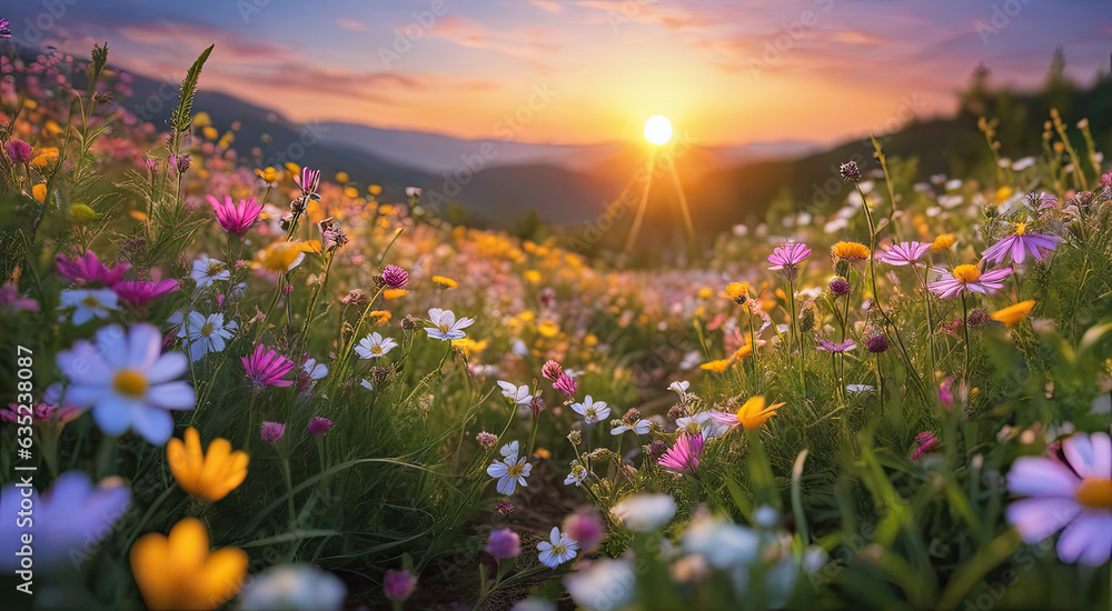 Vibrant Sunset over Idyllic Meadow with Wildflowers Vibrant Sunset over Idyllic Meadow with Wildflowers