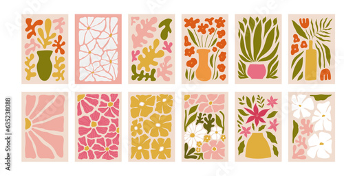 Abstract flower posters set. Trendy botanical wall arts with wild floral plants, leaves in hippie style. Modern naive groovy funky interior decorations, paintings. Colorful flat vector illustrations