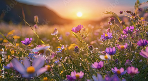 Vibrant Sunset over Idyllic Meadow with Wildflowers © Freya