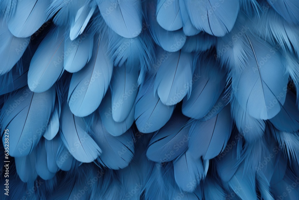 Obraz premium Beautiful multicolour feathers background in pastel blue colors. Closeup image of colorful fluffy feather. Minimal abstract composition with place for text. Copy space