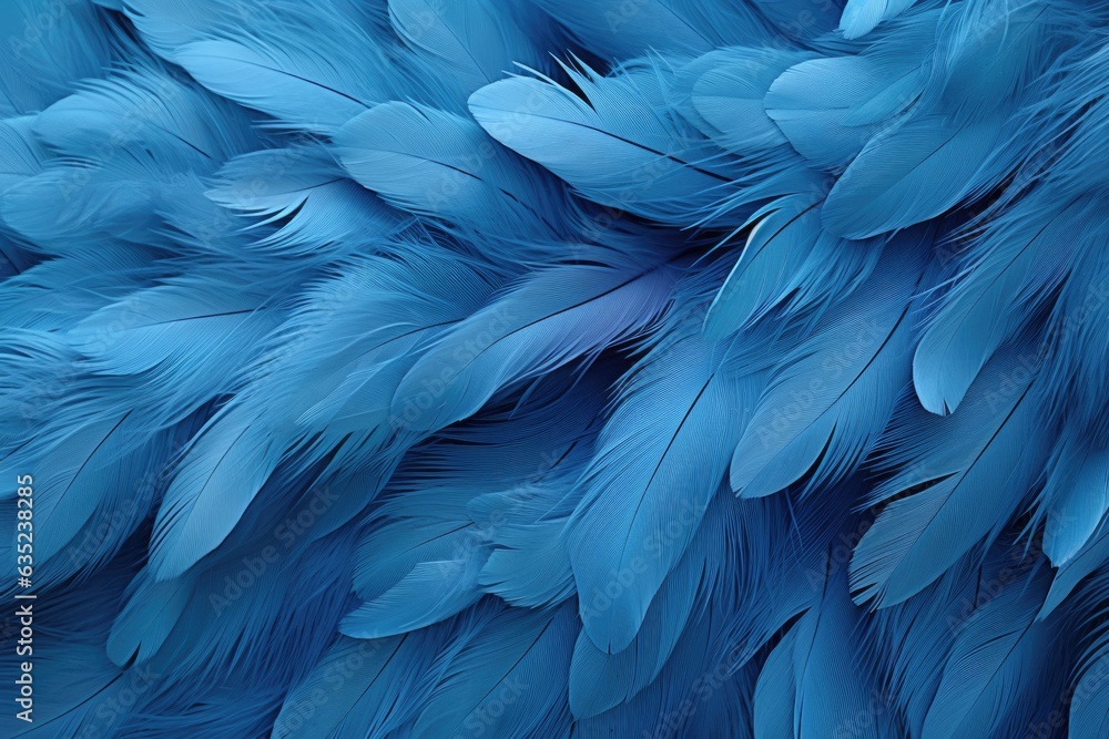 Obraz premium Beautiful multicolour feathers background in pastel blue colors. Closeup image of colorful fluffy feather. Minimal abstract composition with place for text. Copy space