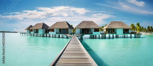 Wooden walkway above the turquoise ocean water leading to overwater bungalows at tropical resort. 21 to 9 aspect ratio. Generative AI photo