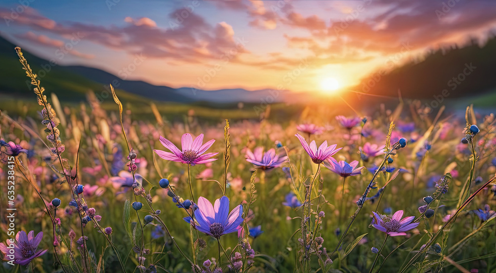 Vibrant Sunset over Idyllic Meadow with Wildflowers Vibrant Sunset over Idyllic Meadow with Wildflowers