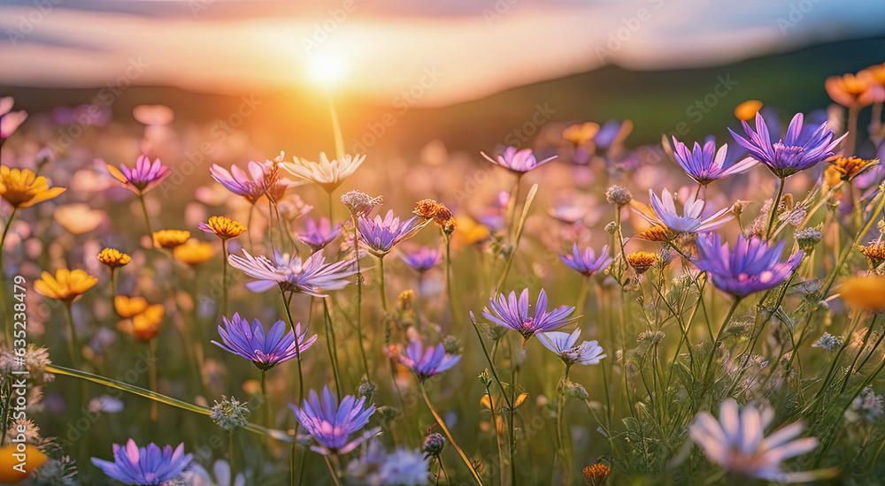 Vibrant Sunset over Idyllic Meadow with Wildflowers