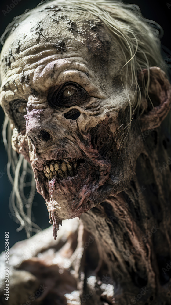 Portrait of a pale-skinned zombie with a blank stare, creature from horror and apocalypse stories. Portrait of a pale-skinned zombie with a blank stare, creature from horror and apocalypse stories.