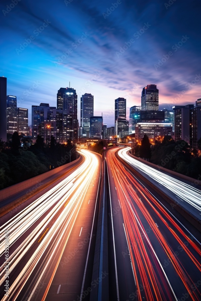 A photograph capturing the motion blur of a busy urban highway during the evening rush hour. The city skyline serves as the background, illuminated by a sea of headlights and taillights