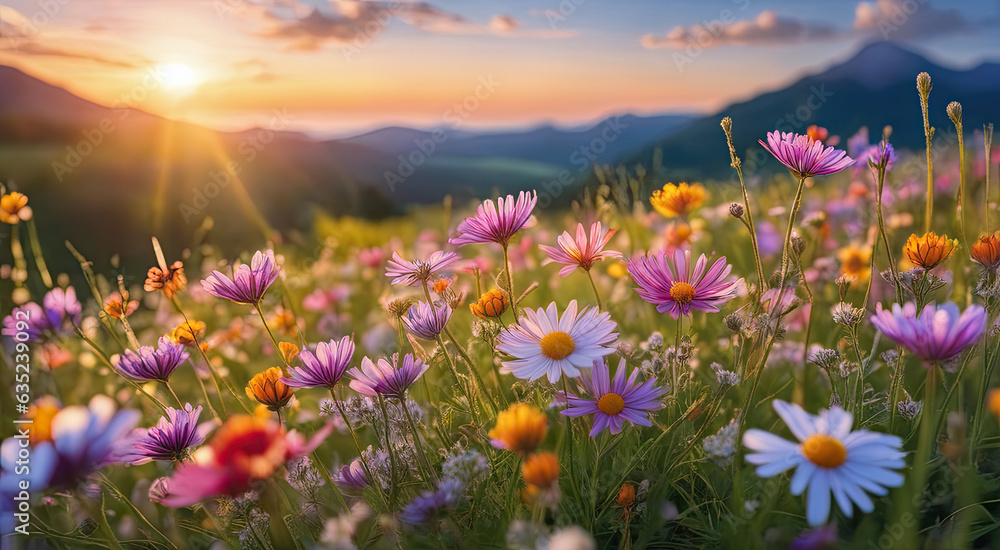 Fototapeta premium Vibrant Sunset over Idyllic Meadow with Wildflowers