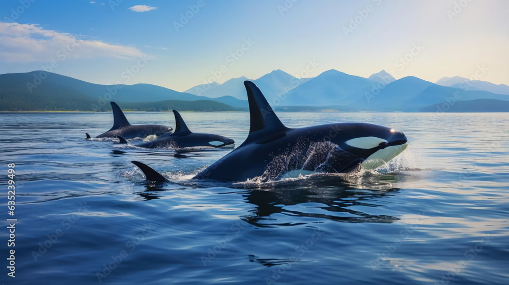 Fototapeta premium Wild Orcas Whales pod in open water in blue ocean. AI Generative.