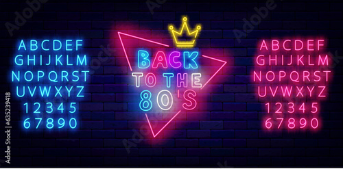 Back to the 80s party neon label. Triangle frame with crown. Shiny pink and blue alphabet. Vector stock illustration