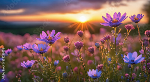 Vibrant Sunset over Idyllic Meadow with Wildflowers