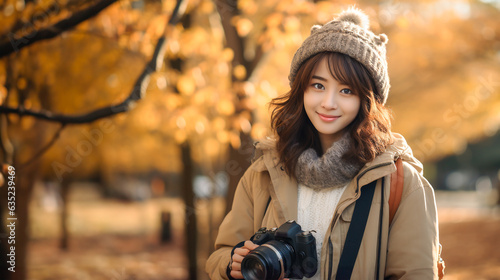 紅葉をカメラで撮る女性