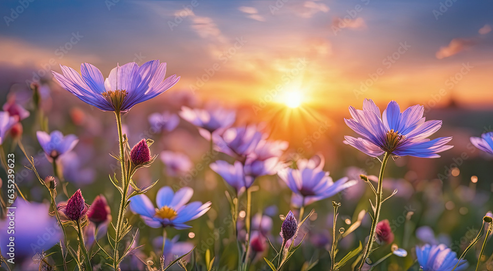 Fototapeta premium Vibrant Sunset over Idyllic Meadow with Wildflowers