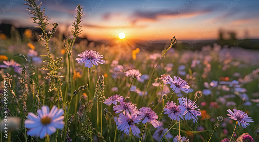 Vibrant Sunset over Idyllic Meadow with Wildflowers Vibrant Sunset over Idyllic Meadow with Wildflowers