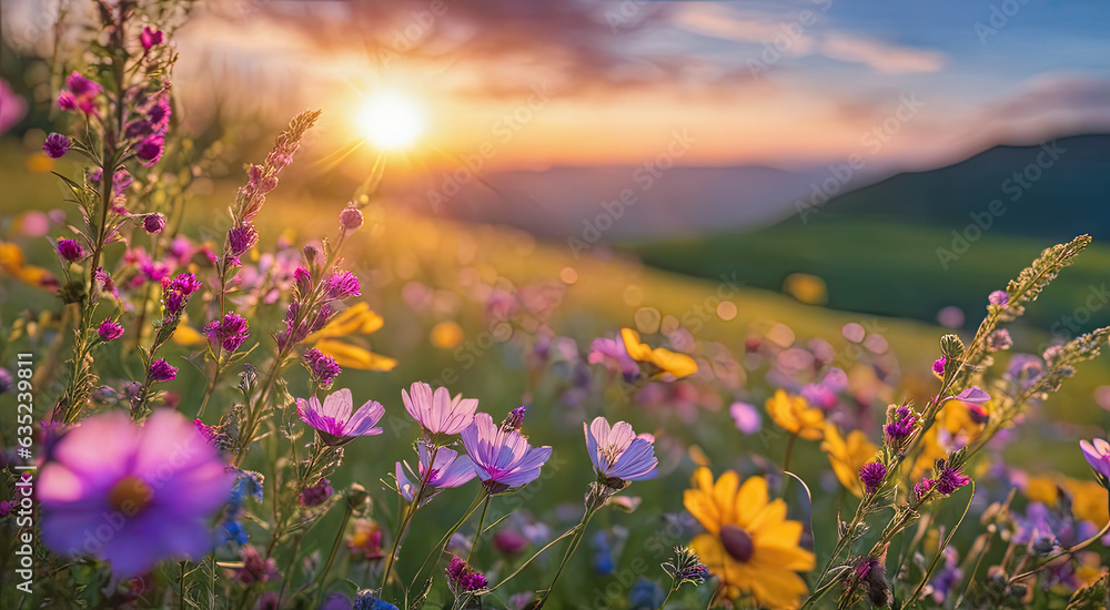 Vibrant Sunset over Idyllic Meadow with Wildflowers Vibrant Sunset over Idyllic Meadow with Wildflowers