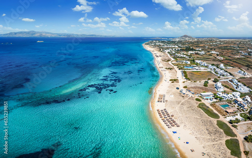 Fototapeta Naklejka Na Ścianę i Meble -  Aerial view of the beautiful Plaka area with sandy beaches and turquoise sea at Naxos island, Cyclades, Greece