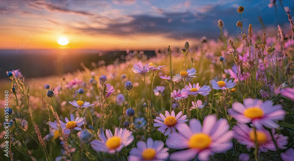 Vibrant Sunset over Idyllic Meadow with Wildflowers Vibrant Sunset over Idyllic Meadow with Wildflowers