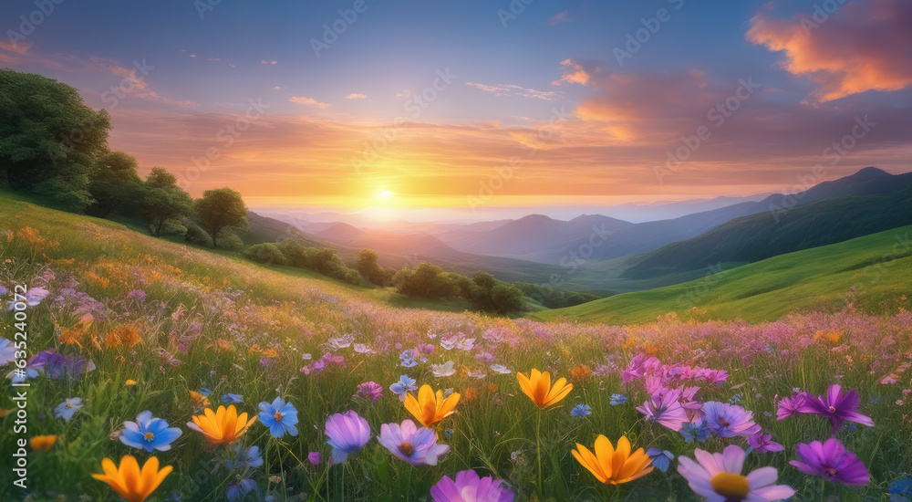 Fototapeta premium Vibrant Sunset over Idyllic Meadow with Wildflowers