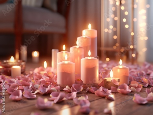 Burning pink candles with rose petals on wooden table. Romantic. ai generation.
