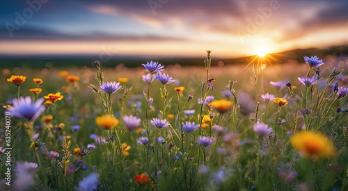 Vibrant Sunset over Idyllic Meadow with Wildflowers