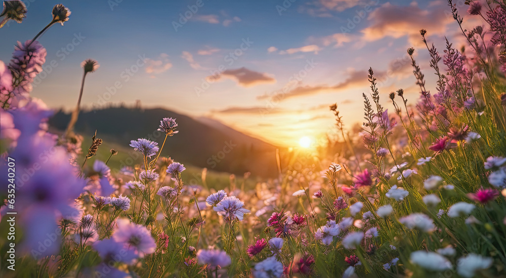 Naklejka premium Vibrant Sunset over Idyllic Meadow with Wildflowers