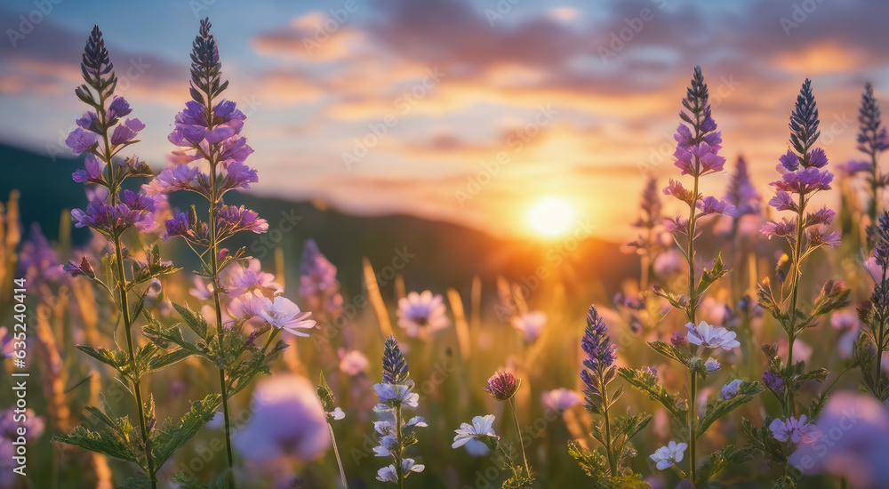 Obraz premium Vibrant Sunset over Idyllic Meadow with Wildflowers