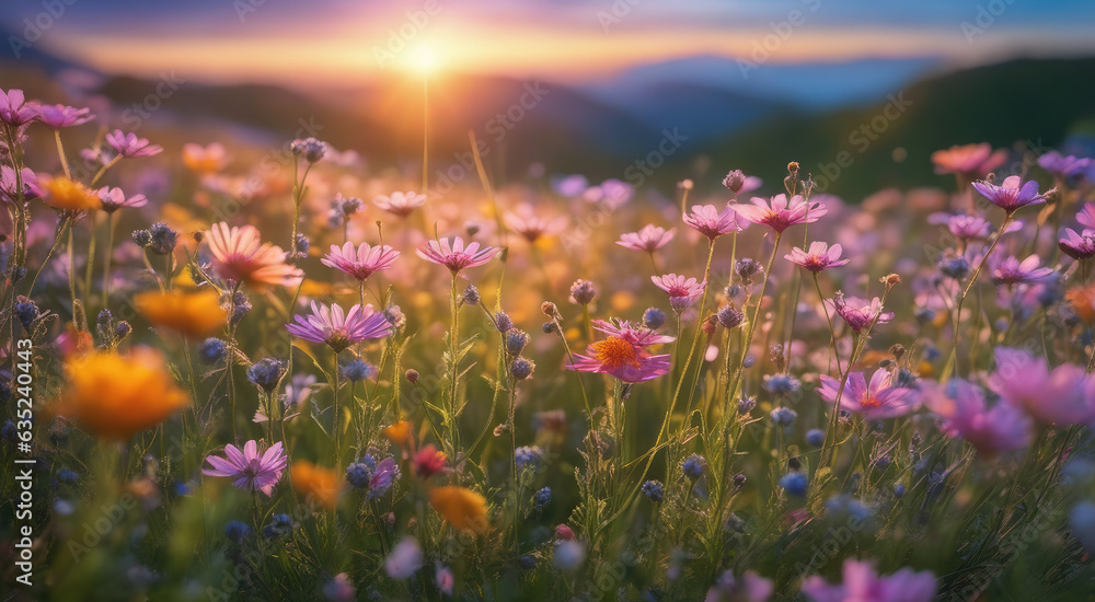 Vibrant Sunset over Idyllic Meadow with Wildflowers