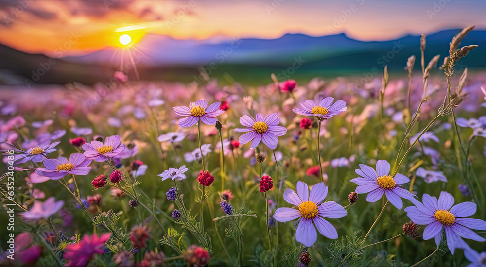 Vibrant Sunset over Idyllic Meadow with Wildflowers Vibrant Sunset over Idyllic Meadow with Wildflowers