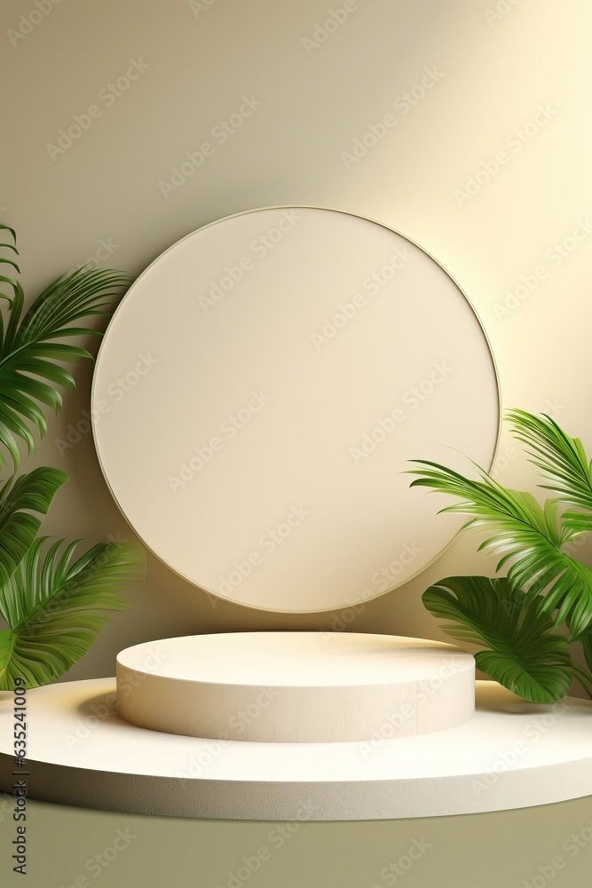 Abstract empty biege podium with shadows on light brown background with tropical leaves. Stage for product on website. Mock up stand for presentation cosmetic. Minimal concept. Advertising template Abstract empty biege podium with shadows on light brown background with tropical leaves. Stage for product on website. Mock up stand for presentation cosmetic. Minimal concept. Advertising template