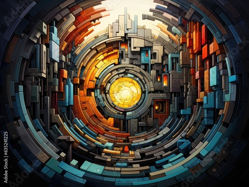 Illustration of a circular maze-like structure. Generative AI