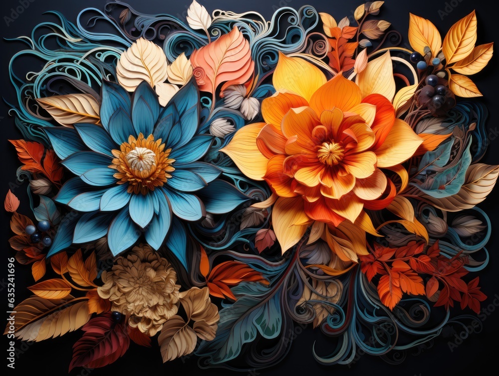Illustration of a vibrant bouquet of flowers against a dramatic black backdrop. Generative AI Illustration of a vibrant bouquet of flowers against a dramatic black backdrop. Generative AI