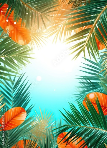 Summer beach background with tropical palm leaves.