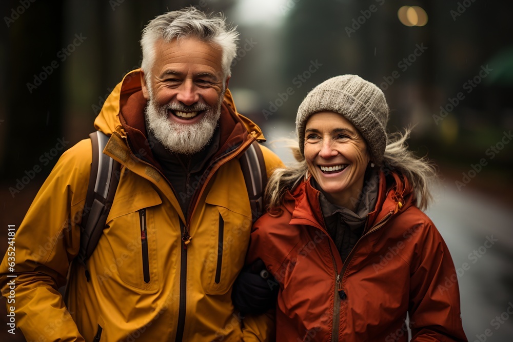 Happy elderly couple in a fall park, generative ai Happy elderly couple in a fall park, generative ai