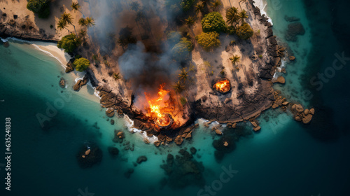 Top view image of a wood fire on an exotic island