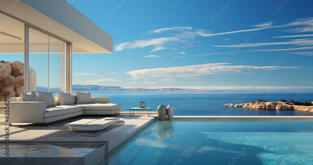 Fototapeta premium Terrace with a view of the ocean, generative ai