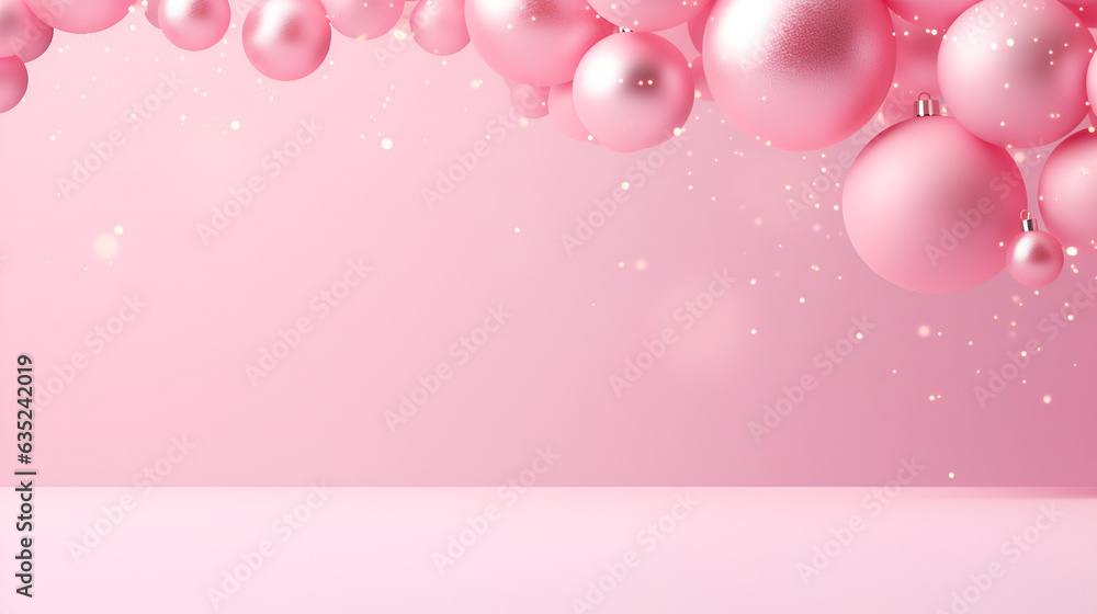 Christmas and New Year minimalist background. Pink pastel Glass Balls hanging on ribbon on gradient pink background with copy space for text. The concept of Christmas and New Year holidays