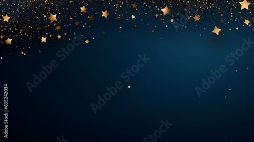 Christmas and New Year festive background. Golden stars and gilded ribbons on Navy blue background with copy space for text. The concept of Christmas and New Year holidays
