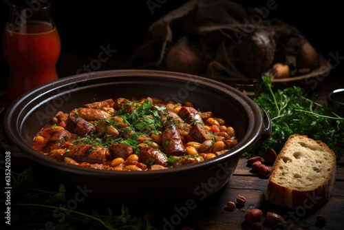 Beans stew with pork sausages and herbs. Generative AI. © Sebastian Studio