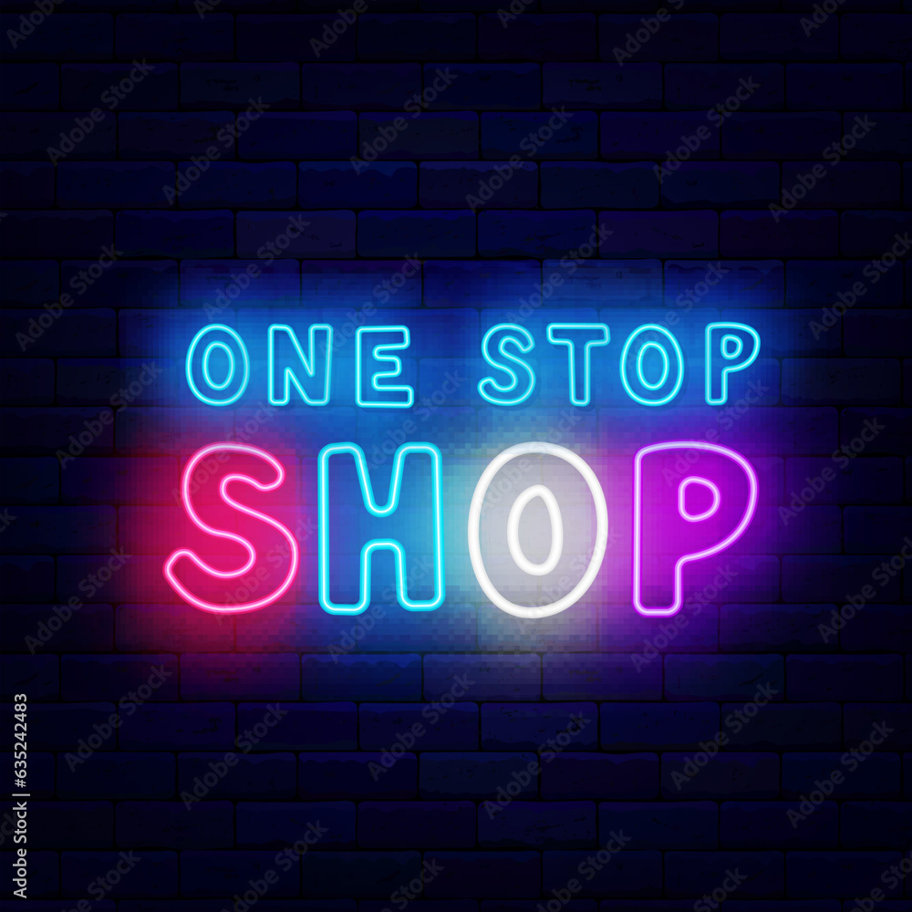 One stop shop neon signboard. Sale label. Special offer emblem. Marketing sign. Colorful typography. Vector illustration One stop shop neon signboard. Sale label. Special offer emblem. Marketing sign. Colorful typography. Vector illustration