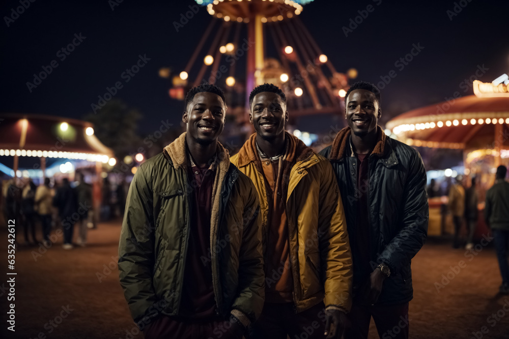 Male friends having fun in a small-town amusement park in the night