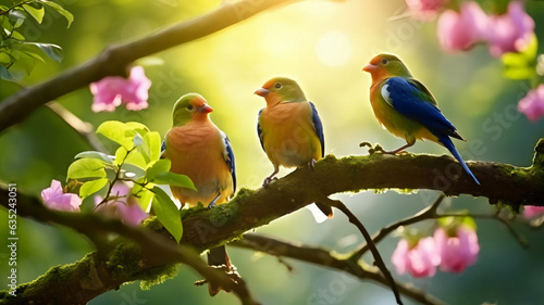 Beautiful Birds on Apricot branch. AI Generative.