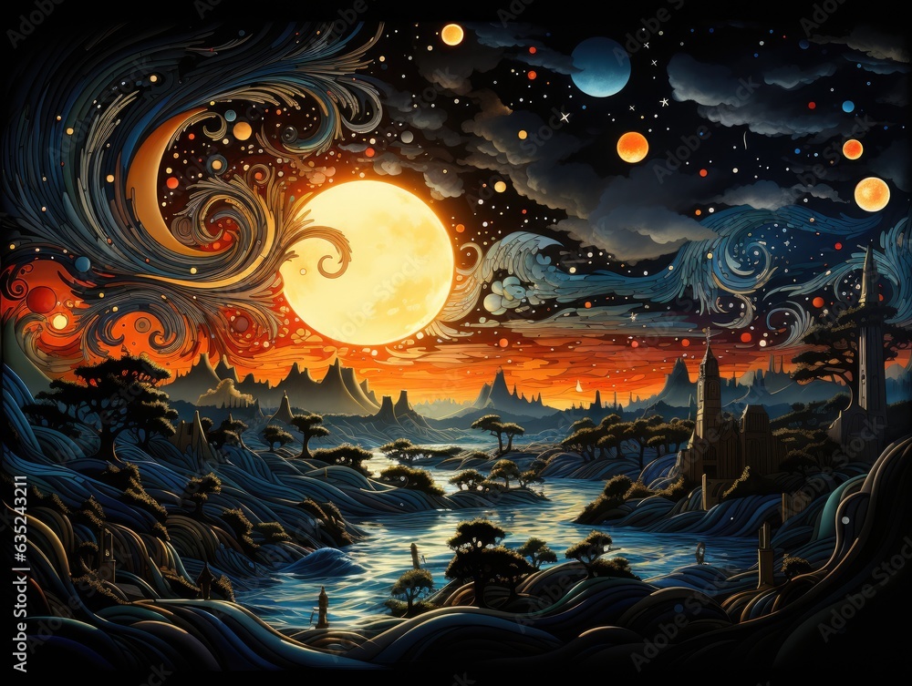 Obraz premium Illustration of a captivating night sky with a luminous full moon. Generative AI