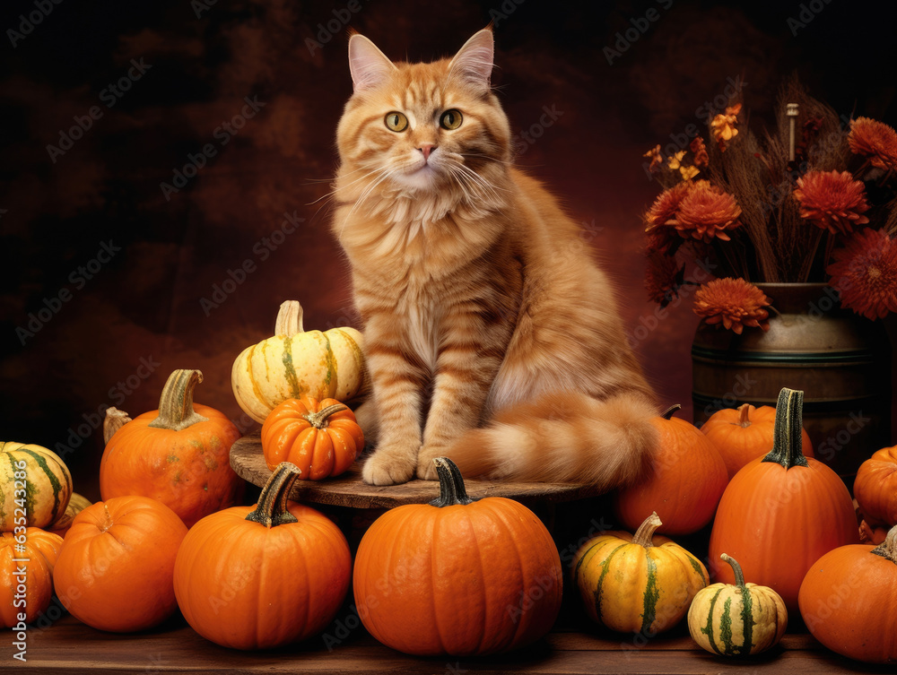 Orange Cat with Stacked Pumpkins. Halloween background Orange Cat with Stacked Pumpkins. Halloween background
