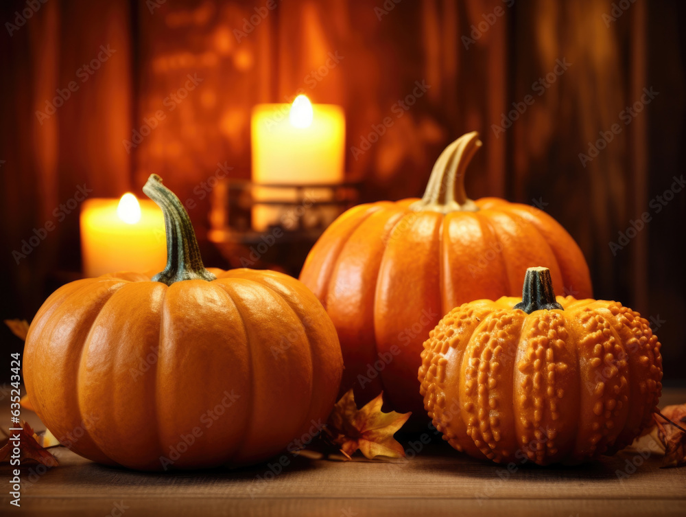 A close up of pumpkins gourds and candles with a golden fire in the background to create a cozy inviting atmosphere.. Halloween background A close up of pumpkins gourds and candles with a golden fire in the background to create a cozy inviting atmosphere.. Halloween background