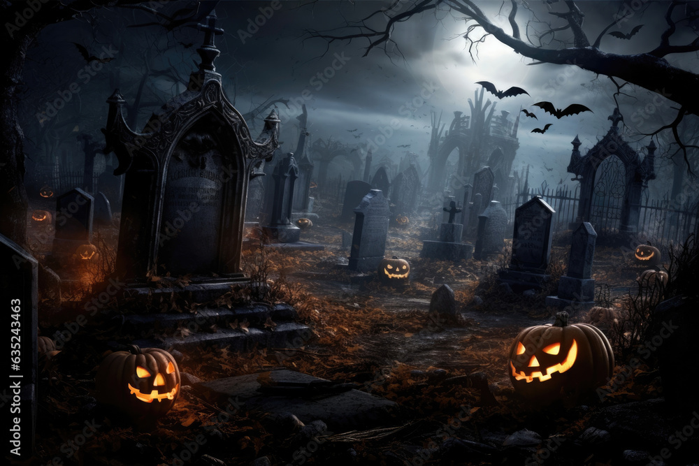 An Eerie Graveyard with Pumpkin Cups Ast the Tombstones. Halloween background