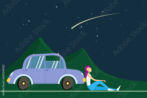 Girl sitting near Car and looking at the night starry sky. Romantic lonely mood, be with yourself and reflect. Vector illustration for advertising carsharing or car rental and purchase.