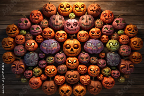 A rainbow of pumpkins carved with spooky faces all of them arrayed on a creaking wooden porch in an intricate mandalalike circle.. Halloween background photo