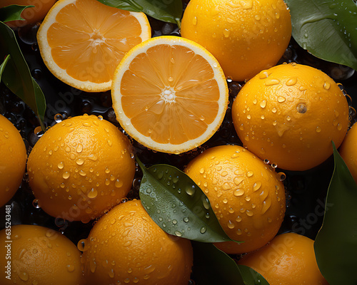 Fresh Oranges with Droplets of Water and Leafs, Close-Up